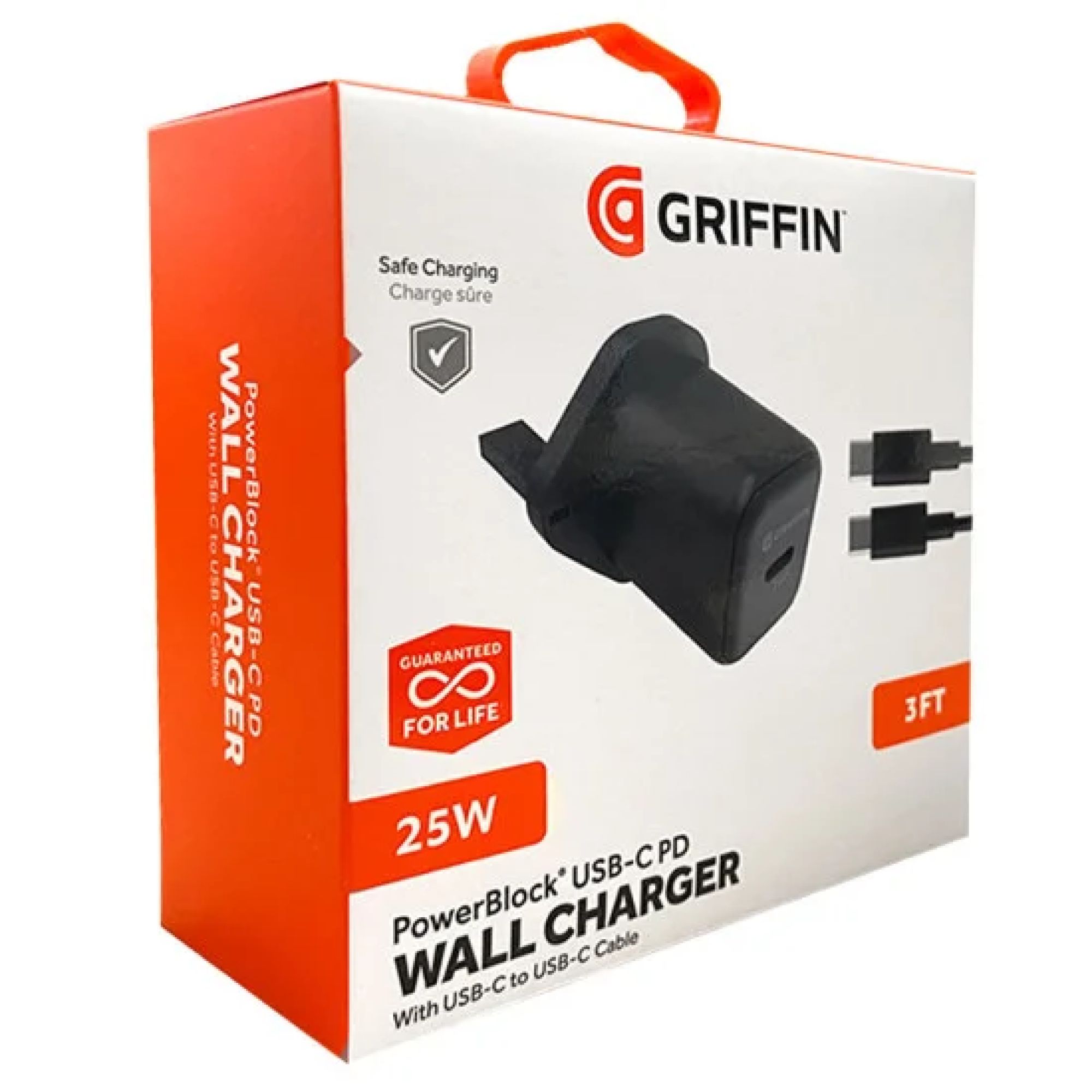 Griffin 25W USB C PD PowerBlock Wall Charger and 3ft Cable for Fast Charging