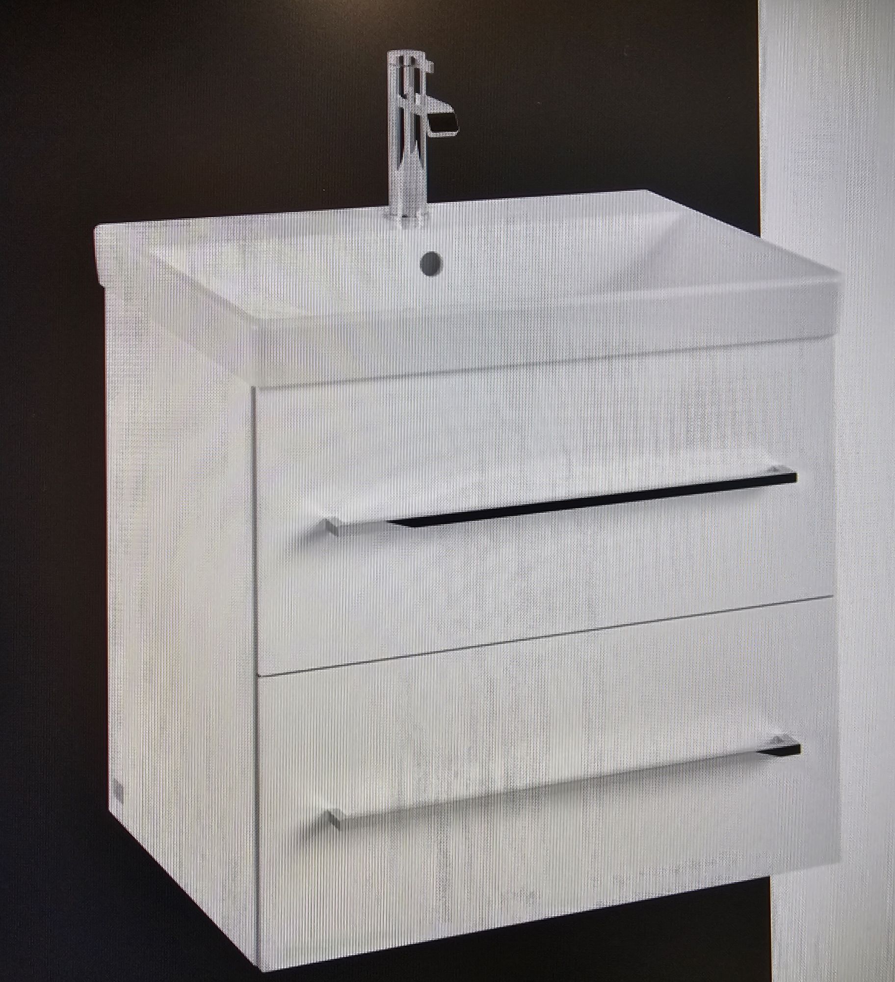 Vileroy & Boch High Quality Wall Hung Basin Unit & Ceramic Basin, Vado Basin Tap + Brass Clic Clac Waste. Crystal White Furniture & Chrome Brassware.