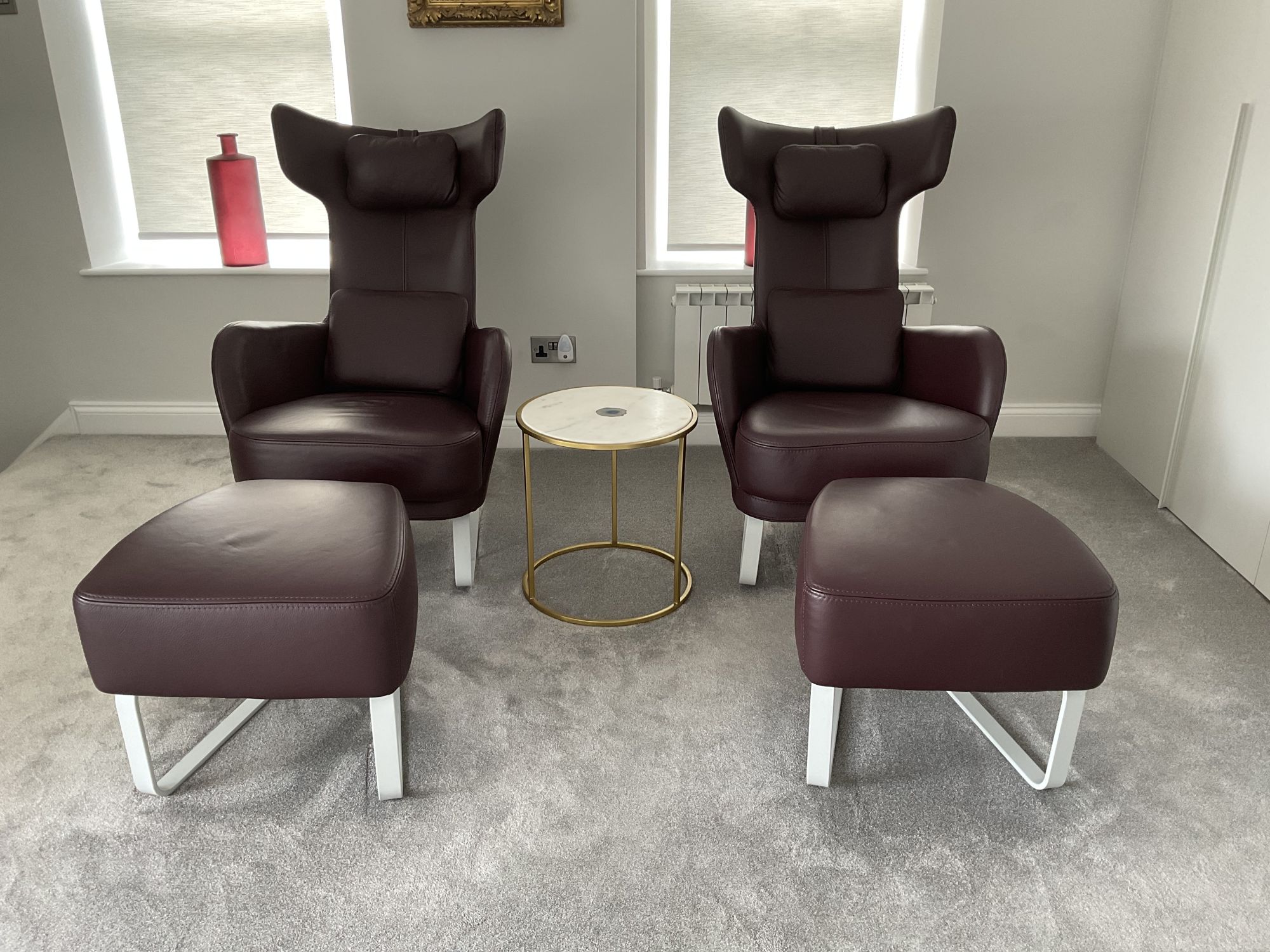 2 x Fama Kangou Burgundy Leather Armchair & Footstool