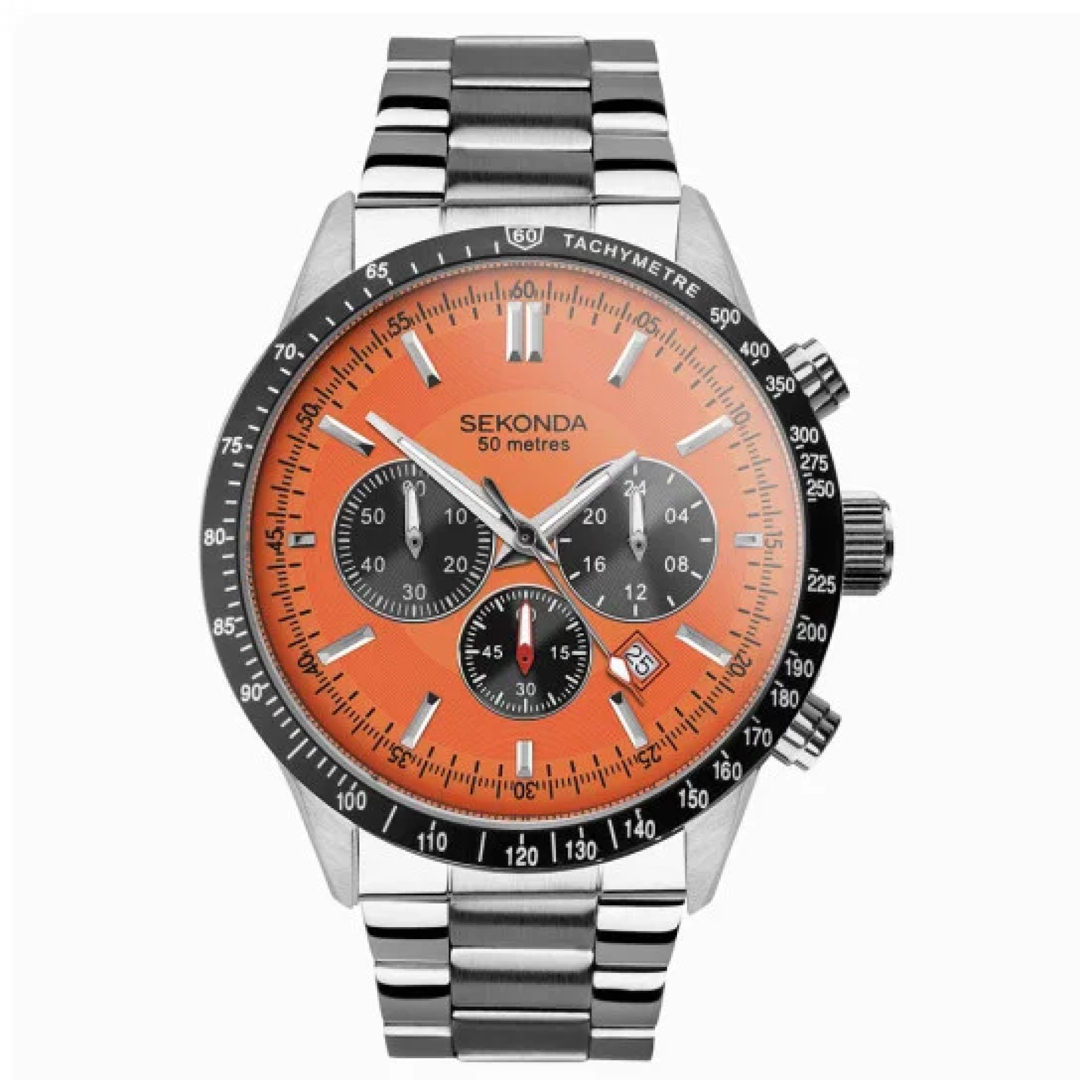 Sekonda Mens Velocity Chronograph Stainless Steel Case & Bracelet with Orange Dial Watch