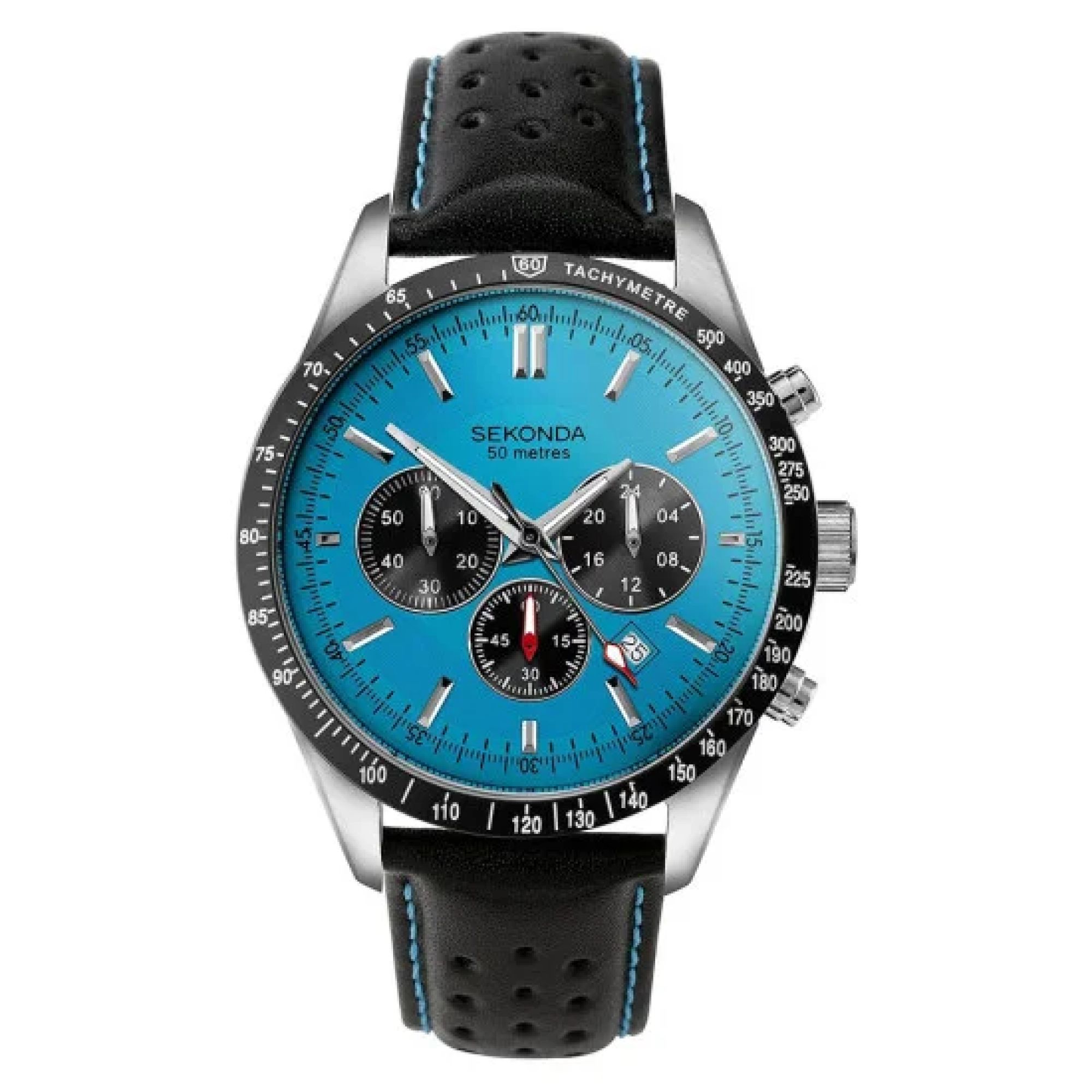Sekonda Mens Velocity Chronograph Stainless Steel Case & Black Leather Strap with Blue Dial Watch