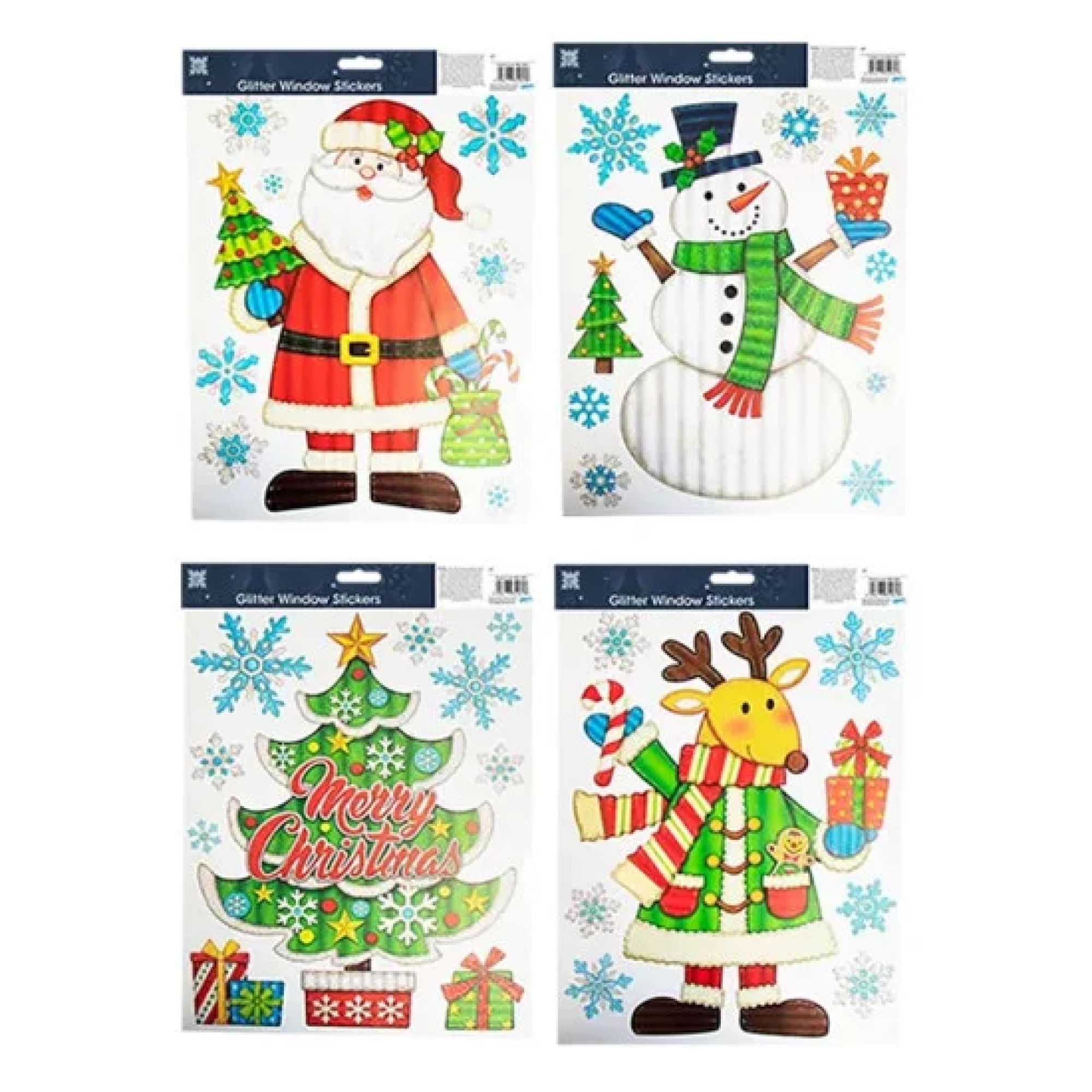 Christmas Window Stickers Decorations Glitter Finish - Santa & Friends - Set of 4