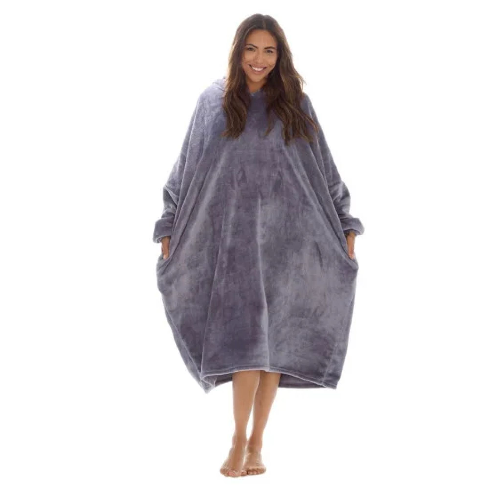Huggable Hoodie Adults Supersoft Shimmer Lounge Longline Poncho - One Size - Charcoal