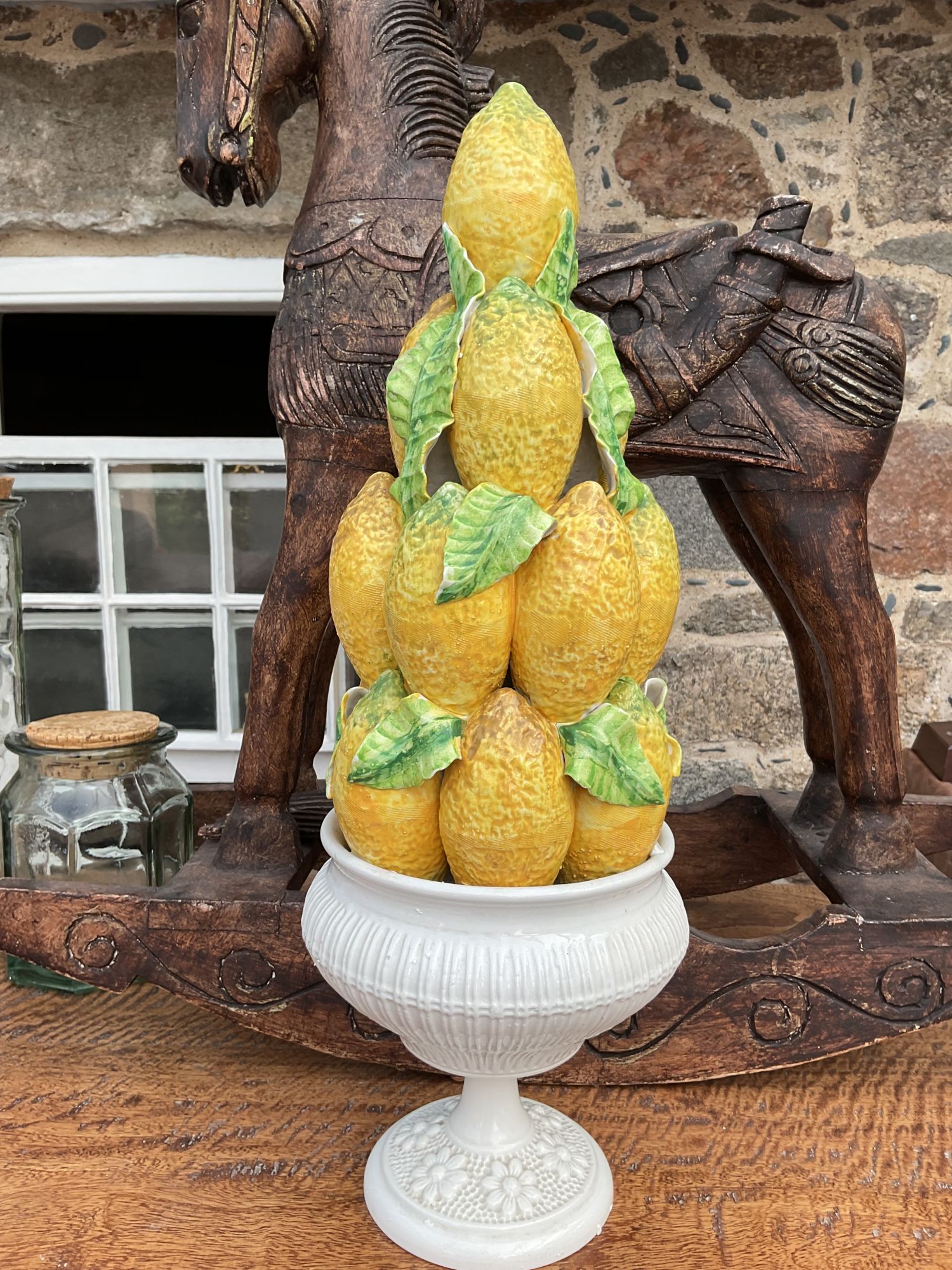 Italian Ceramic Lemons and Leaves Topiary Statuette