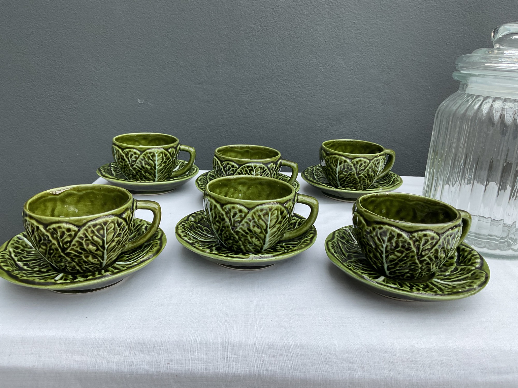 Set of 6 Espresso Cups and Saucers - Green Cabbage Design