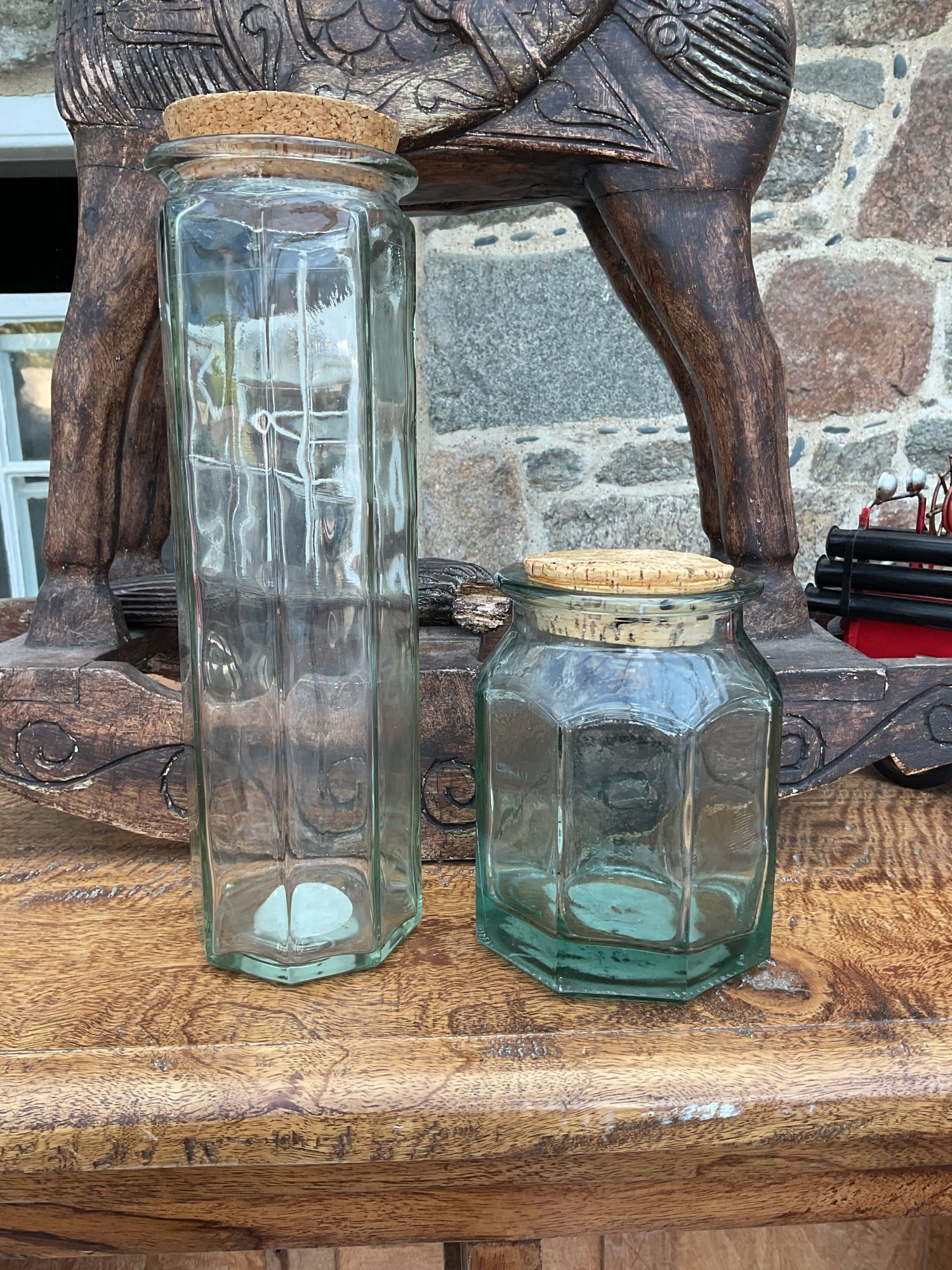 Pair of Vintage Green Glass with Original Cork Lid Storage Jars