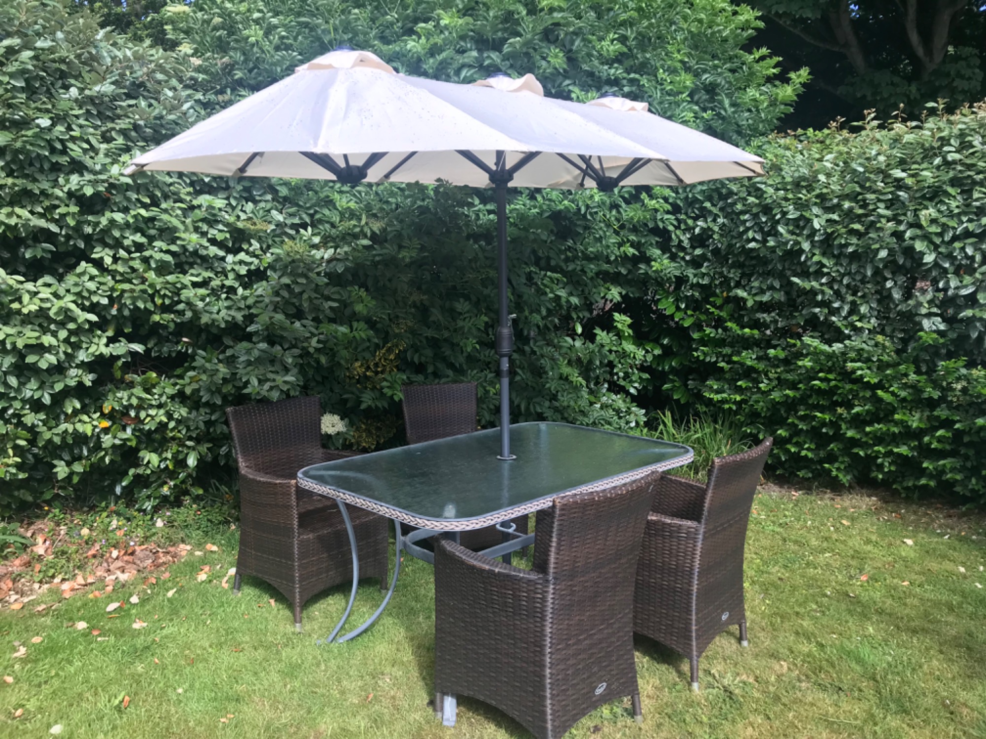 Garden Table, Chairs, Cushions & Double Parasol (with protective cover)